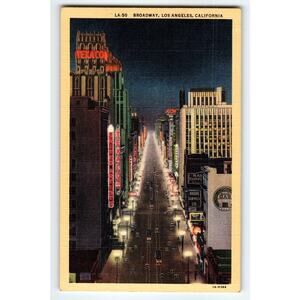 Vintage Linen Postcard Broadway Los Angeles Night Scene 1940s